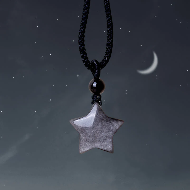 Buddha Stones Natural Silver Sheen Obsidian Star Crescent Moon Protection Necklace Pendant