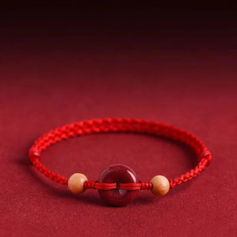 Buddha Stones Peach Wood Peace Buckle Cinnabar Wealth String Bracelet Anklet