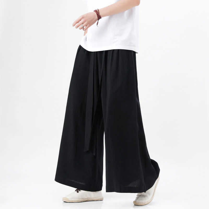 Buddha Stones Spring Casual Sports Drawstring Design Men's Cotton Linen Wide Leg Pants With Pockets