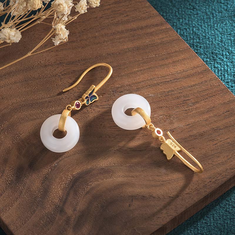Buddha Stones FengShui White Jade Butterfly Fortune Earrings