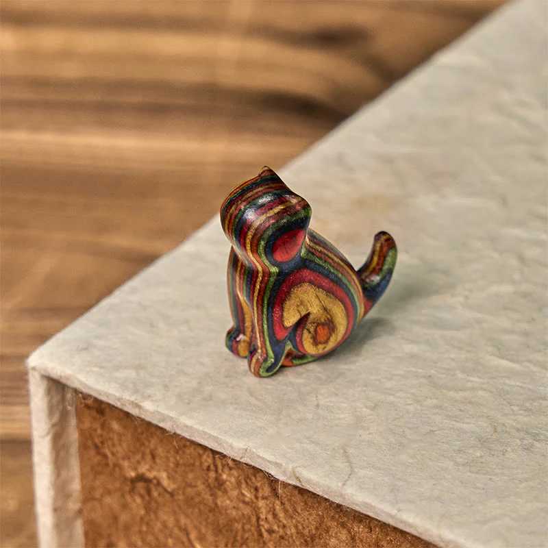 Buddha Stones 2Pcs Mini Rainbow Eucalyptus Sitting Cat Carved Reduce Stress Decoration