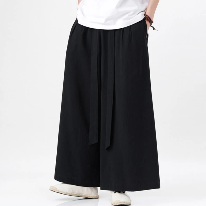 Buddha Stones Spring Casual Sports Drawstring Design Men's Cotton Linen Wide Leg Pants With Pockets