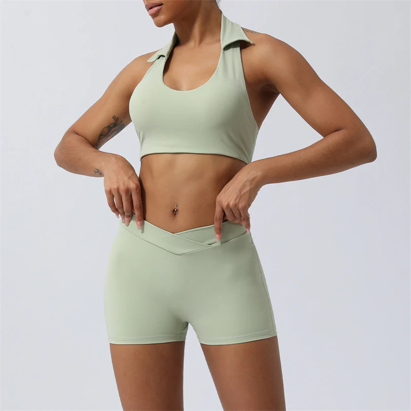 Buddha Stones 2Pcs Workout Sleeveless Backless Top Shorts Flared Pants Sports Fitness Yoga Outfit Set