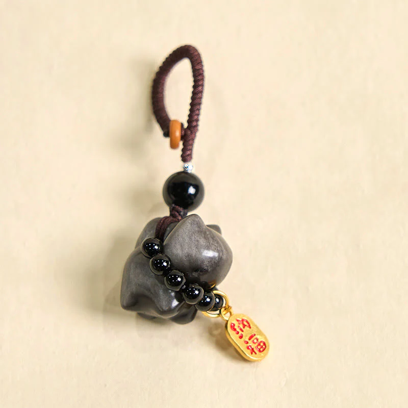 Buddha Stones Silver Sheen Obsidian Black Obsidian Gold Sheen Obsidian Cute Cat Fu Character Protection Key Chain Phone Hanging Decoration