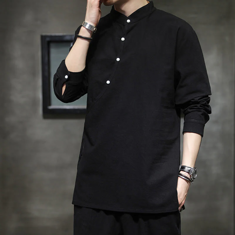 Buddha Stones Plain Lace-Up Simple Button Design Men's Long Sleeve Cotton Linen Shirt Clothing