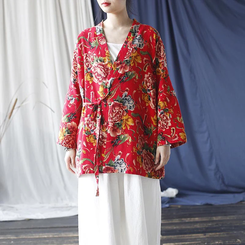 Buddha Stones Ethnic Style Northeast Red Flower Peony Print Cotton Linen Lace Up Jacket