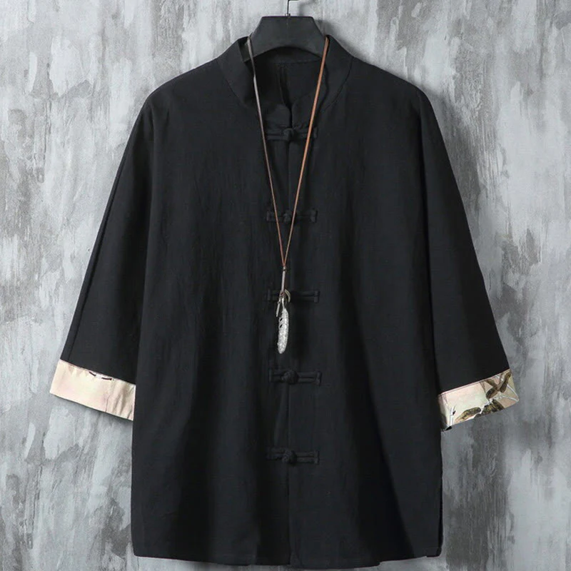 Buddha Stones Summer Plain Chinese Frog-button Patchwork Design Cotton Linen Men's Shirt Jacket
