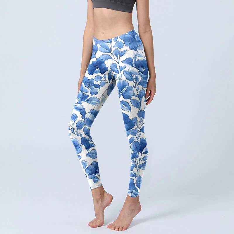 Buddha Stones Blue Flowers Print Fitness Leggings Women's Yoga Pants