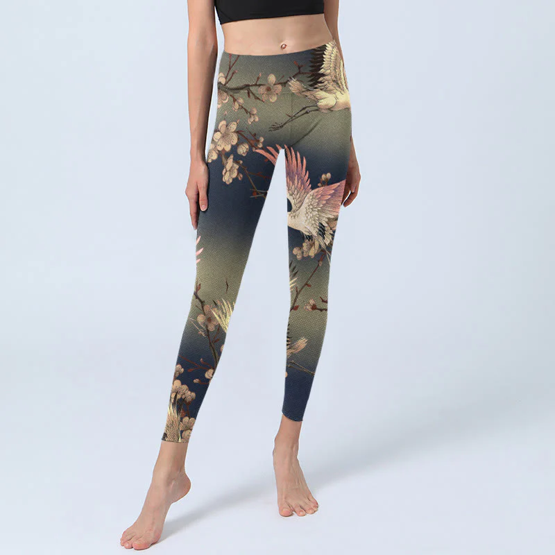 Buddha Stones White Crane White Blossoming Branch Print Gym Leggings Women's Yoga Pants