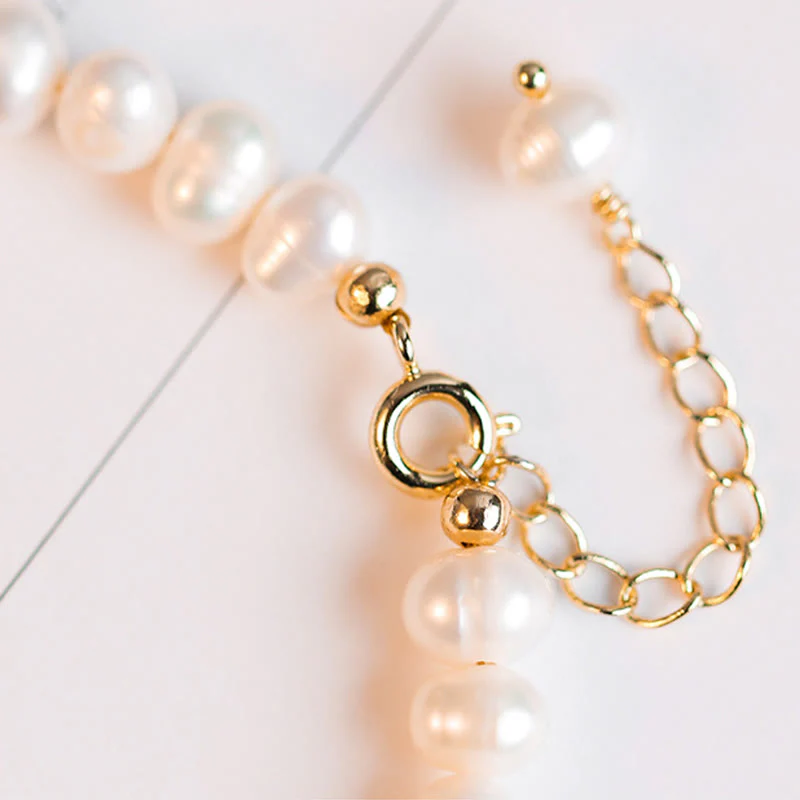 Buddha Stones 14K Gold Plated Natural Pearl Hetian Cyan Jade White Jade Sincerity Bead Chain Bracelet