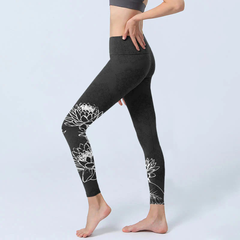 Buddha Stones White Sketch Lotus Flowers Leaves Print Gym Leggings Women's Yoga Pants