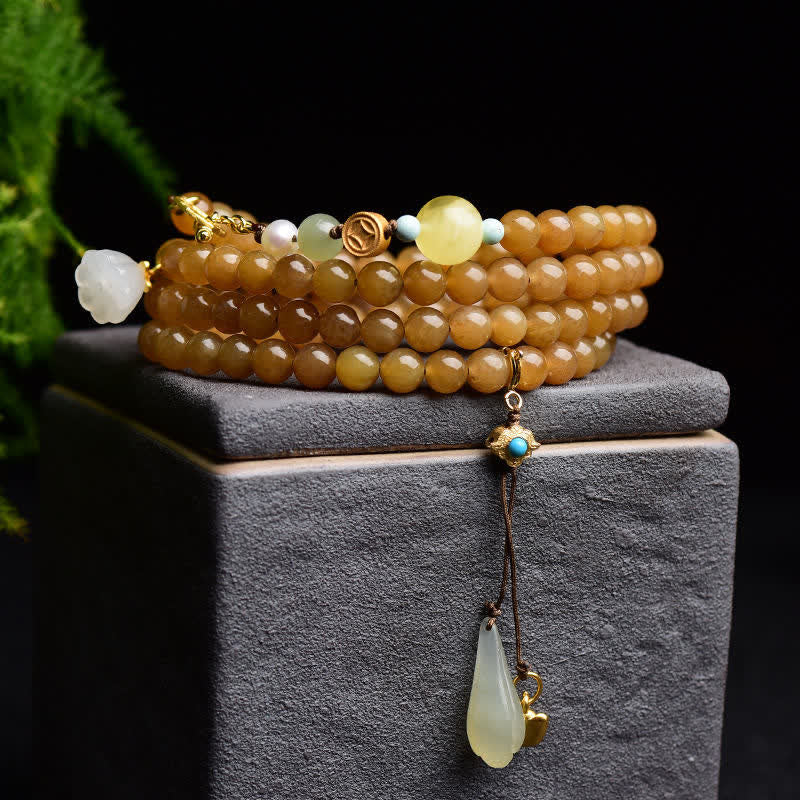 Buddha Stones Natural Hetian Topaz Amber Lotus White Jade Pearl Success Bracelet