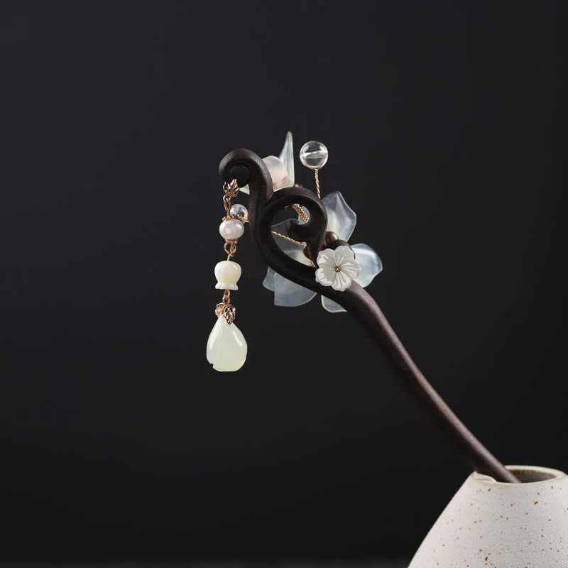 Buddha Stones Ebony Jade Shell Magnolia Tassel Blessing Hairpin