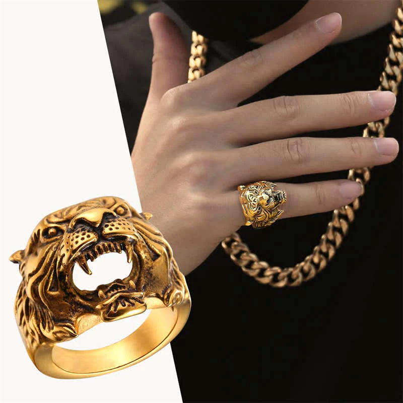 Buddha Stones Men's Animal Tiger Head Titanium Steel Balance Calm Punk Rock Biker Ring