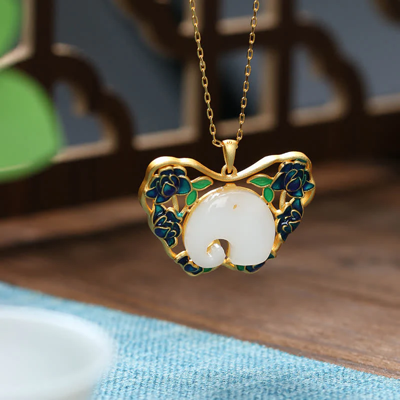 Buddha Stones White Jade Elephant Butterfly Lotus Success Necklace Chain Pendant