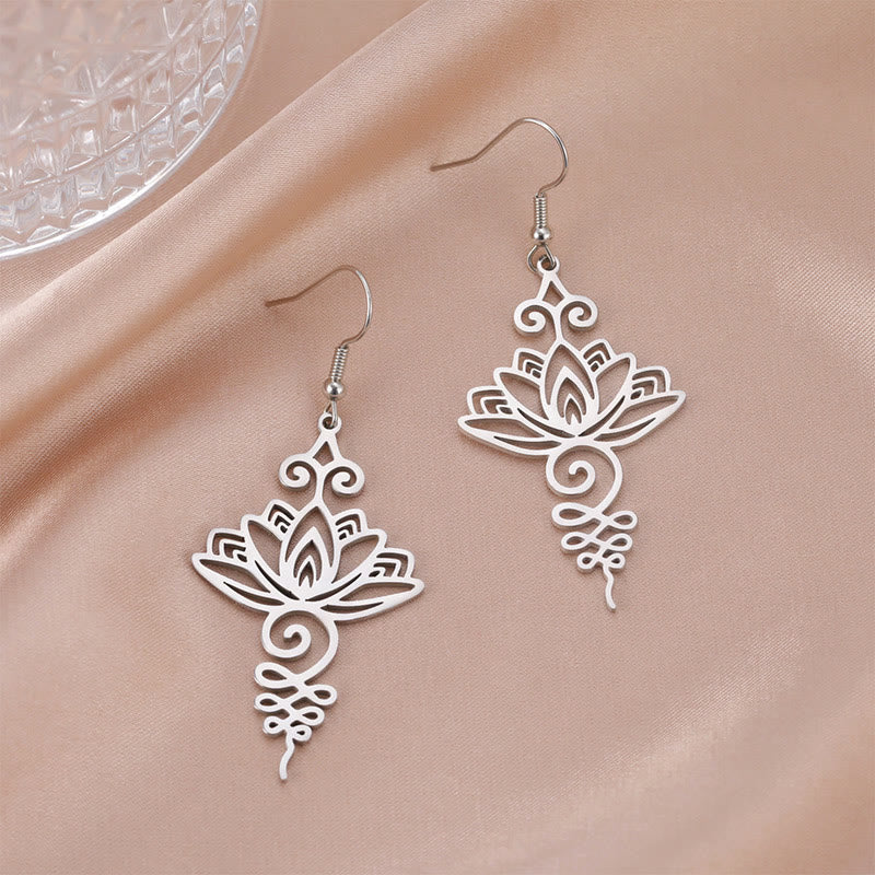 Buddha Stones Hollow Lotus Flower Stainless Steel Enlightenment Metal Drop Earrings