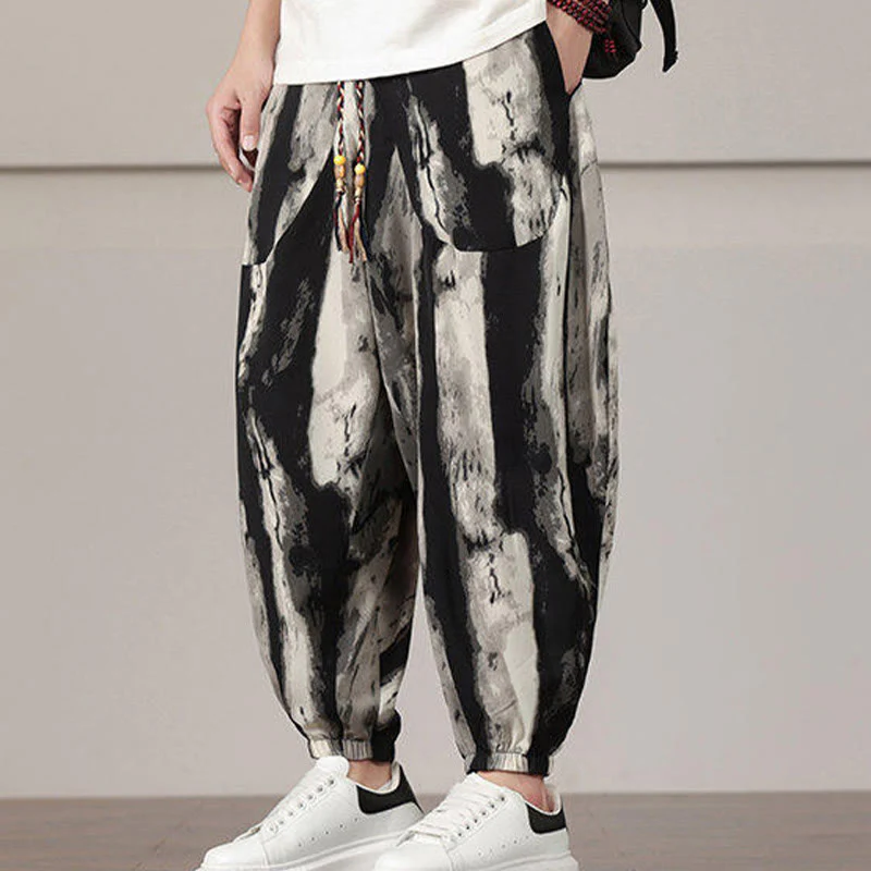 Buddha Stones Stripe Pattern Drawstring Men's Harem Pants With Pockets