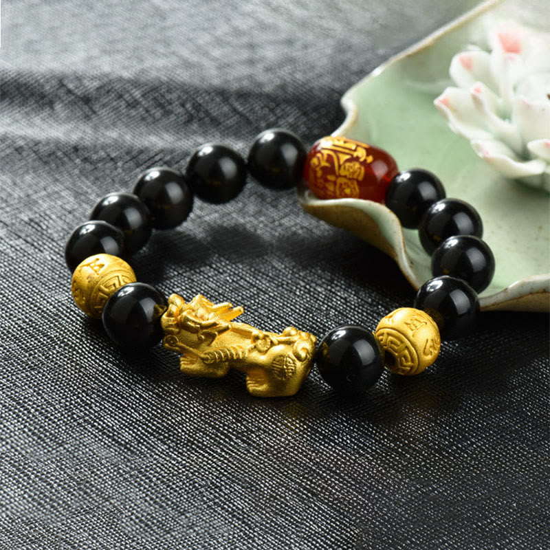 Buddha Stones Fengshui Copper Pixiu Rainbow Obsidian Beads Wealth Bracelet