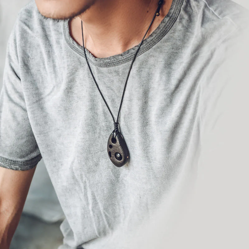 Buddha Stones Ebony Wood Hollow Inlaid Obsidian Peace Calm Necklace Pendant