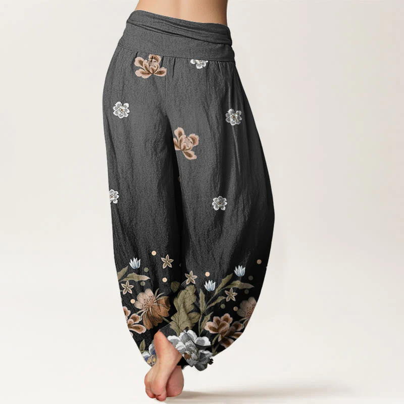 Buddha Stones Casual Blooming Flowers Pattern Women's Elastic Waist Harem Pants