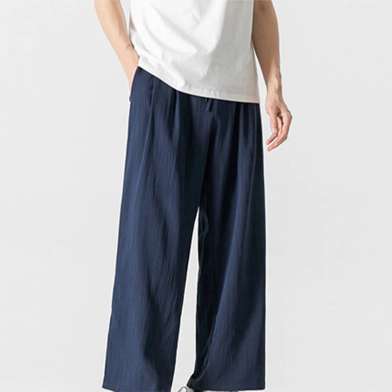 Buddha Stones Summer Casual Plain Straight Leg Design Men's Cotton Linen Drawstring Pants With Pockets