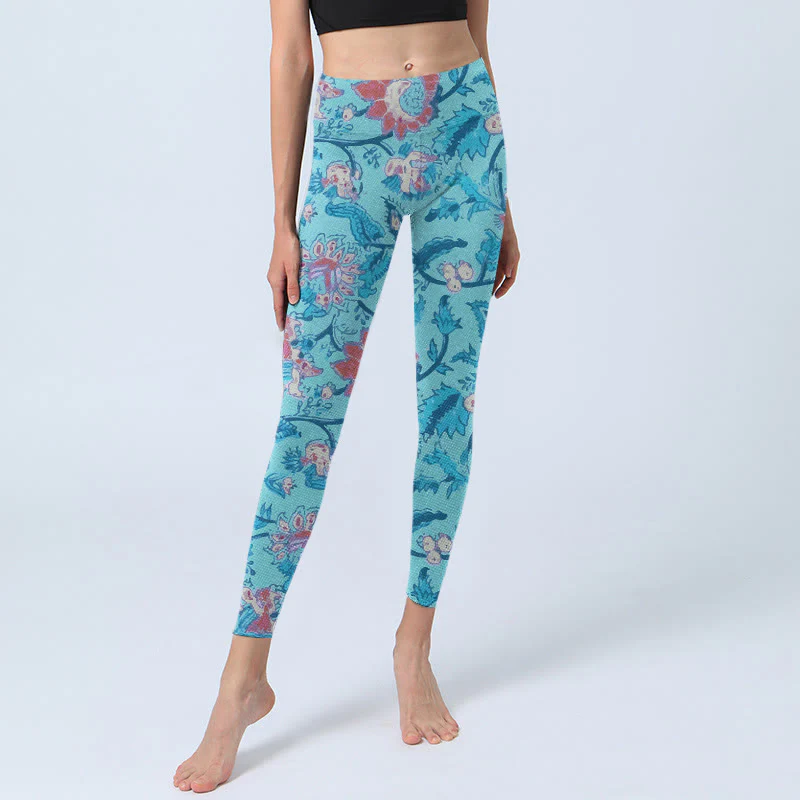 Buddha Stones Blue Red Flowers Leaves Print Gym Leggings Women's Yoga Pants