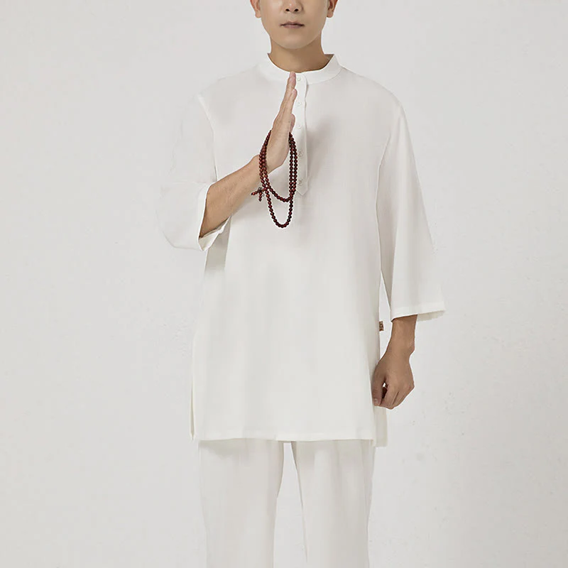 Buddha Stones 2Pcs Buttons Men's Three Quarter Sleeve Shirt Top Pants Meditation Zen Tai Chi Cotton Linen Clothing Set