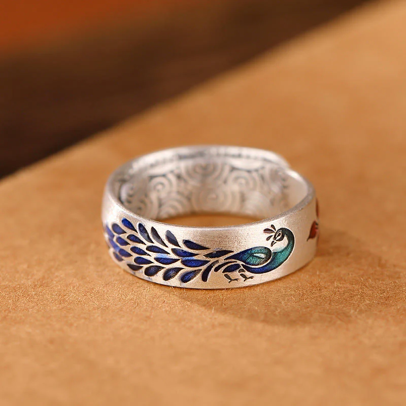 Buddha Stones 999 Sterling Silver Peacock Auspicious Clouds Engraved Lotus Flower Fortune Ring