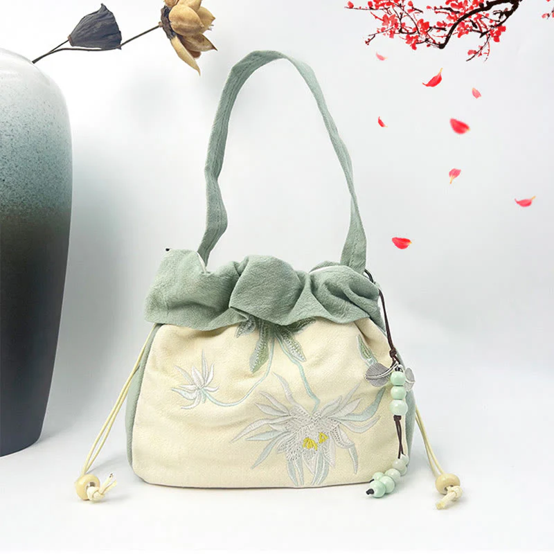 Buddha Stones Suzhou Embroidery Lotus Epiphyllum Magnolia Cotton Linen Tote Crossbody Bag Shoulder Bag Handbag