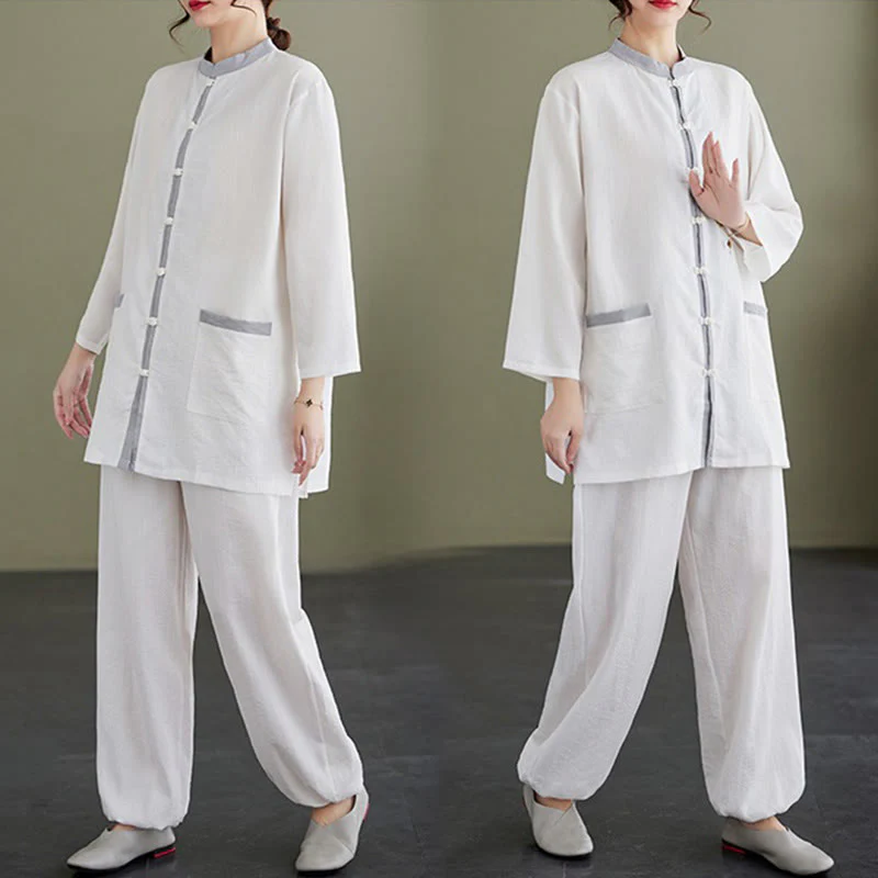 Buddha Stones 2pcs Cotton Tai Chi Shirt Top Pants Meditation Zen Clothing Women's Set