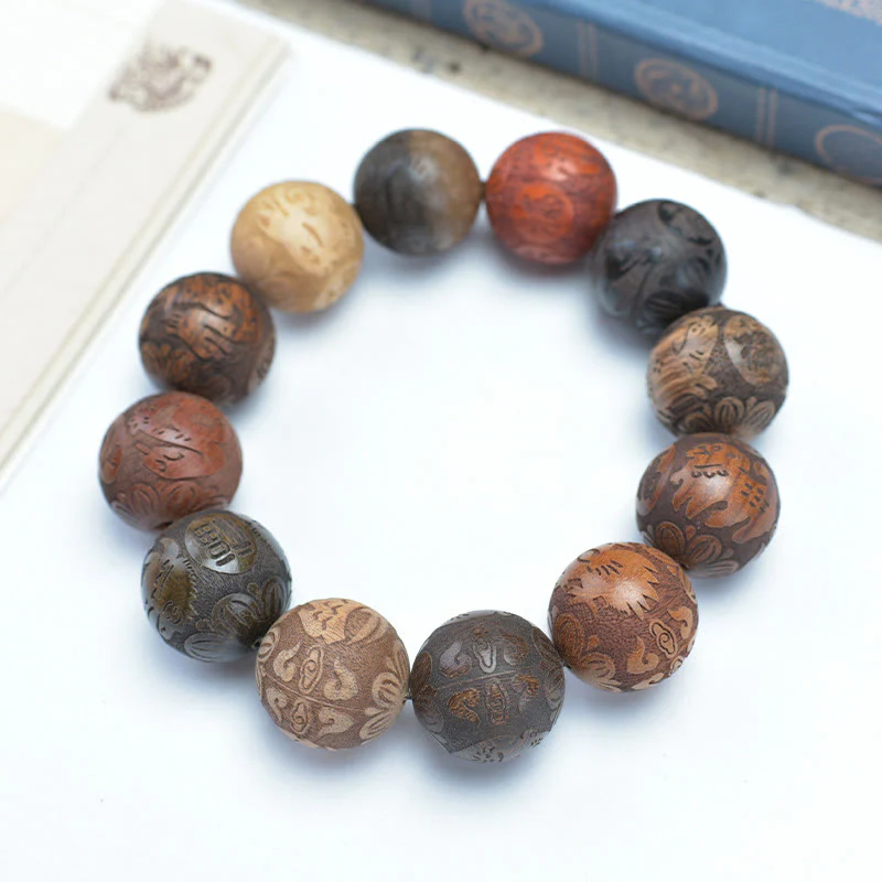 Buddha Stones Carving Sandalwood Chinese Zodiac Auspicious Dragon Phoenix Fu Character Healing Bracelet
