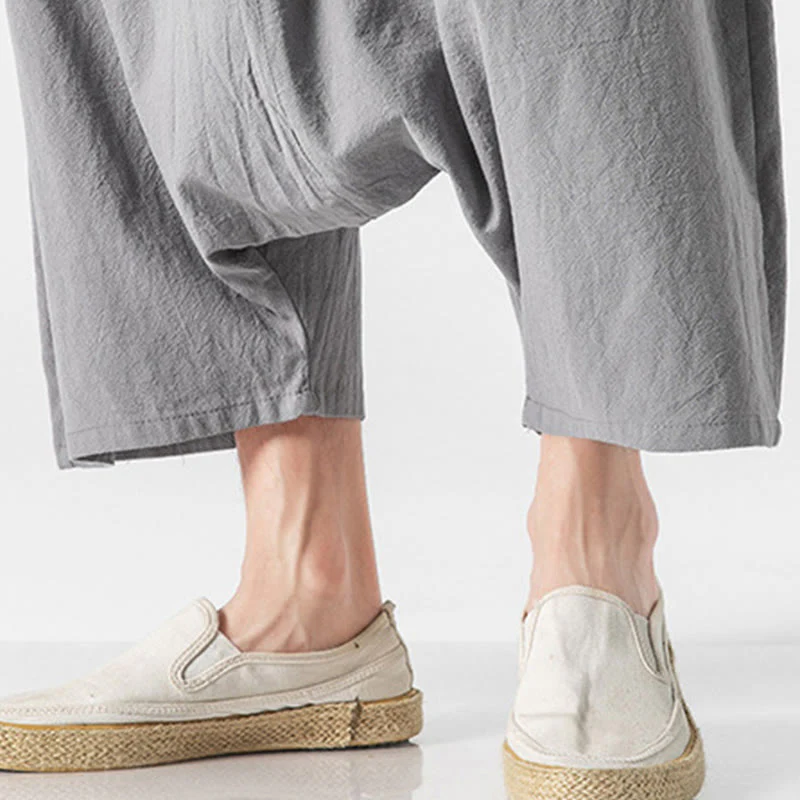 Buddha Stones Casual Low Crotch Design Drawstring Men's 7-8 Length Cotton Linen Wide Leg Pants With Pockets