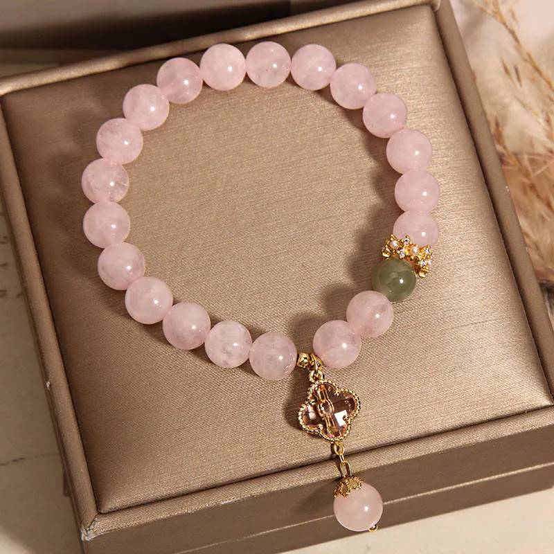 Buddha Stones Natural Pink Crystal Four Leaf Clover Soothing Bracelet