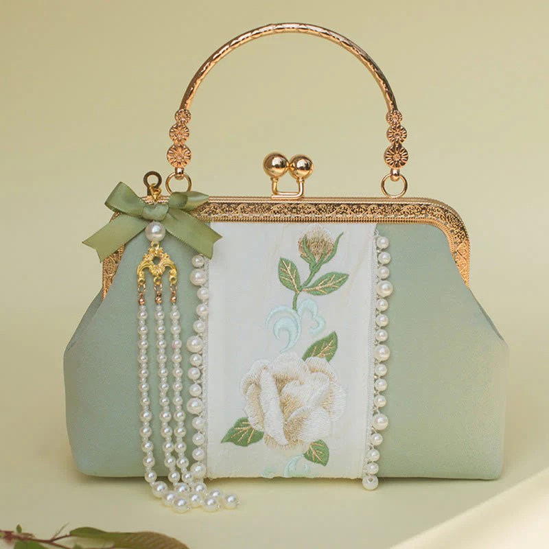 Buddha Stones Double-sided Flowers Embroidery Pearl Pendant Metal Chain Crossbody Bag Handbags