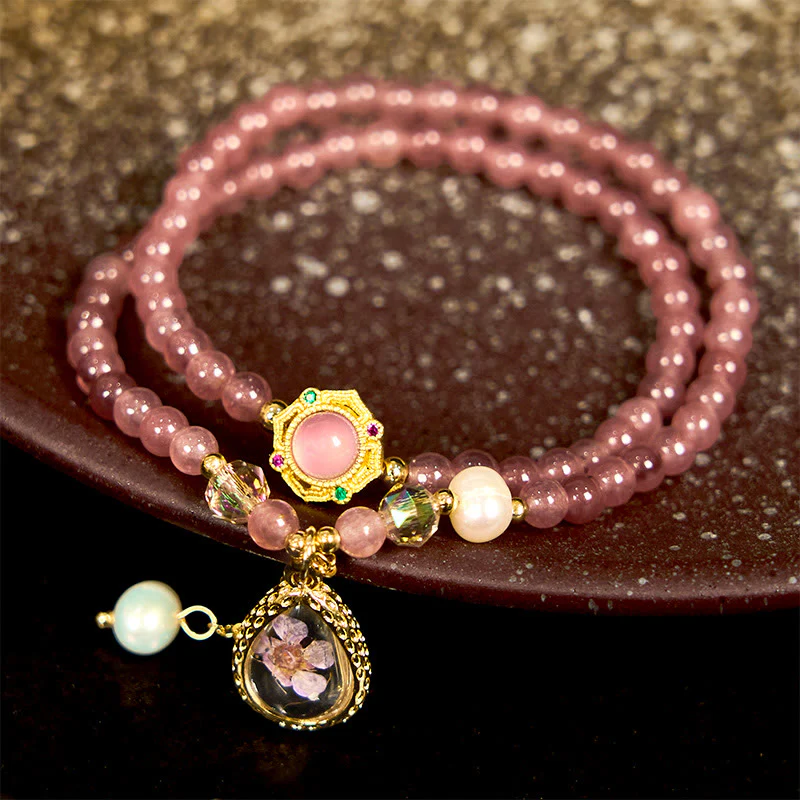 Buddha Stones Natural Strawberry Quartz Pearl Butterfly Water Drop Positive Double Wrap Bracelet