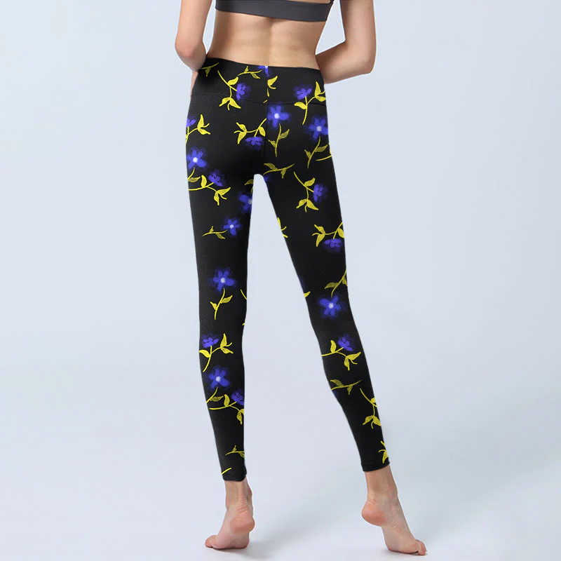 Buddha Stones Blue Flower Leaves Pattern Print Gym Leggings Women's Yoga Pants