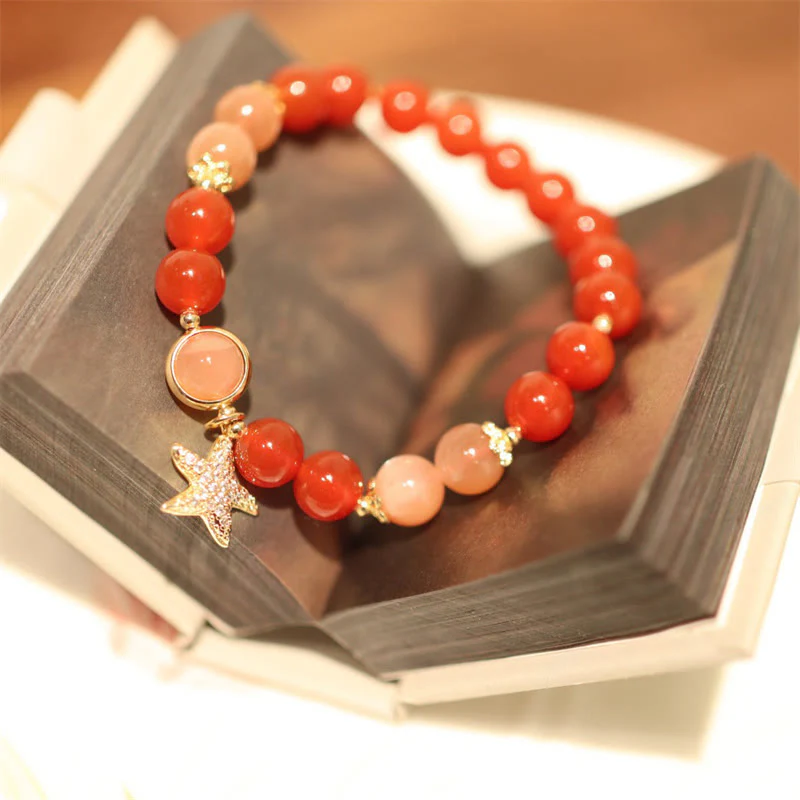 Buddha Stones Sun Stone Peach Moonstone Red Agate Crystal Star Wealth Bracelet