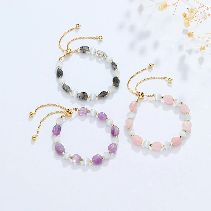 Buddha Stones Amethyst Pink Crystal Black Rutilated Quartz Spiritual Awareness Bracelet