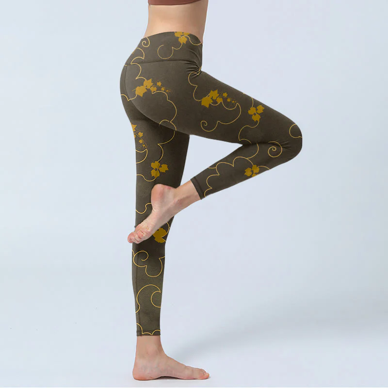 Buddha Stones Auspicious Cloud Maple Leaf Pattern Print Gym Leggings Women's Yoga Pants