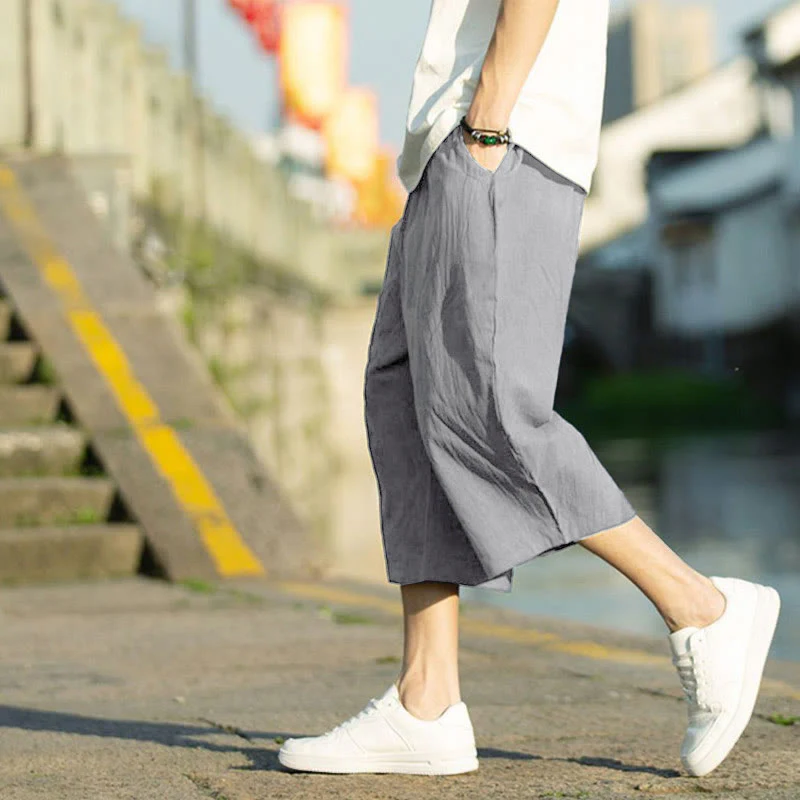 Buddha Stones Summer Plain Pleat Design Drawstring Men's 7-8 Length Cotton Linen Pants With Pockets
