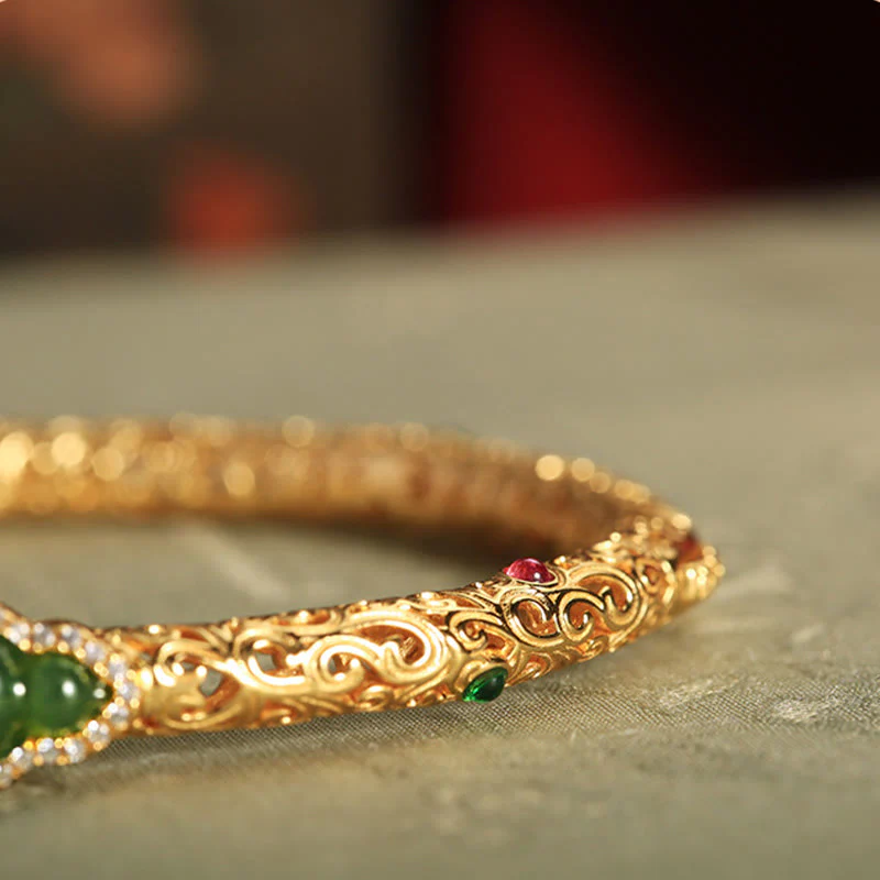 Buddha Stones Cyan Jade Copper Plated Gold Auspicious Clouds Gourd Luck Bracelet Bangle