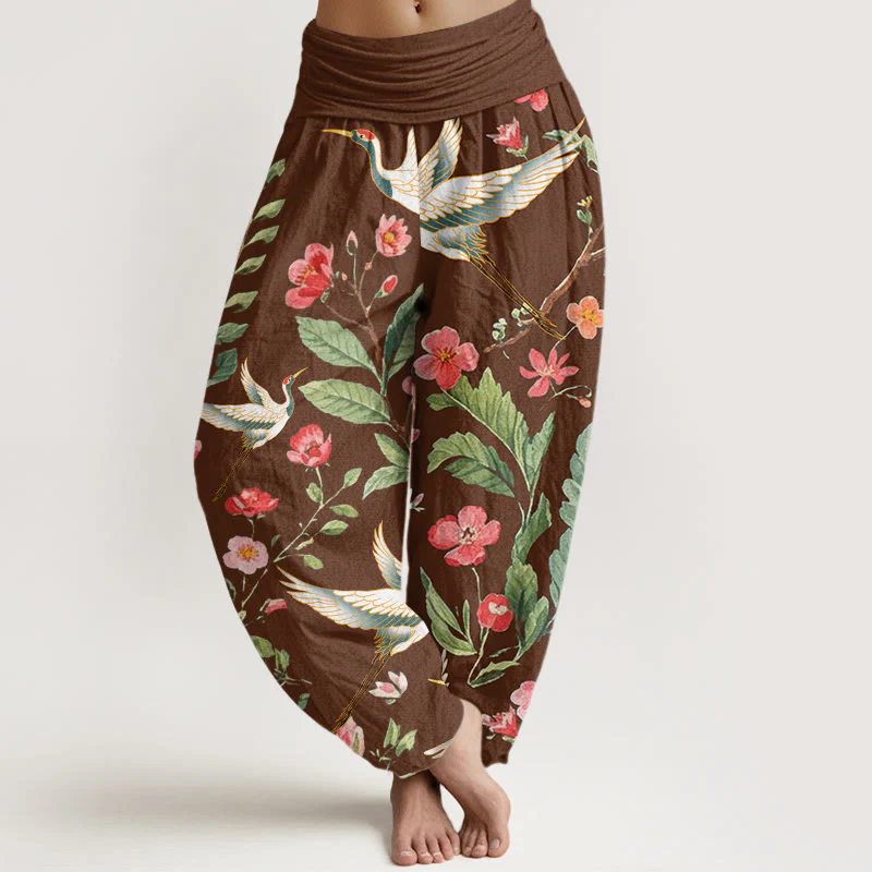 Buddha Stones Casual Red Flowers Crane Pattern Women's Elastic Waist Harem Pants