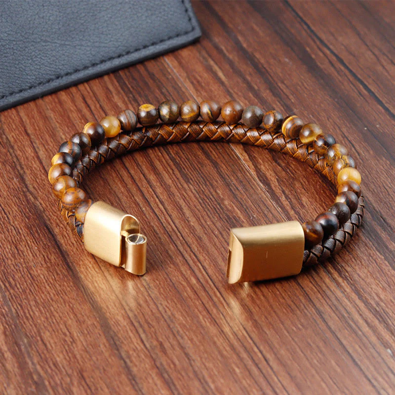 Buddha Stones Multi-layer Woven Tiger Eye Stone Beads Leather Titanium Steel Strength Buckle Bracelet