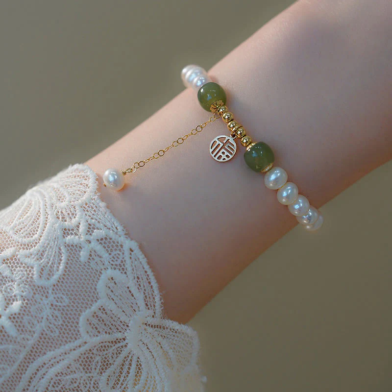 Buddha Stones Natural Pearl Hetian Jade Happiness Wisdom Bead Bracelet
