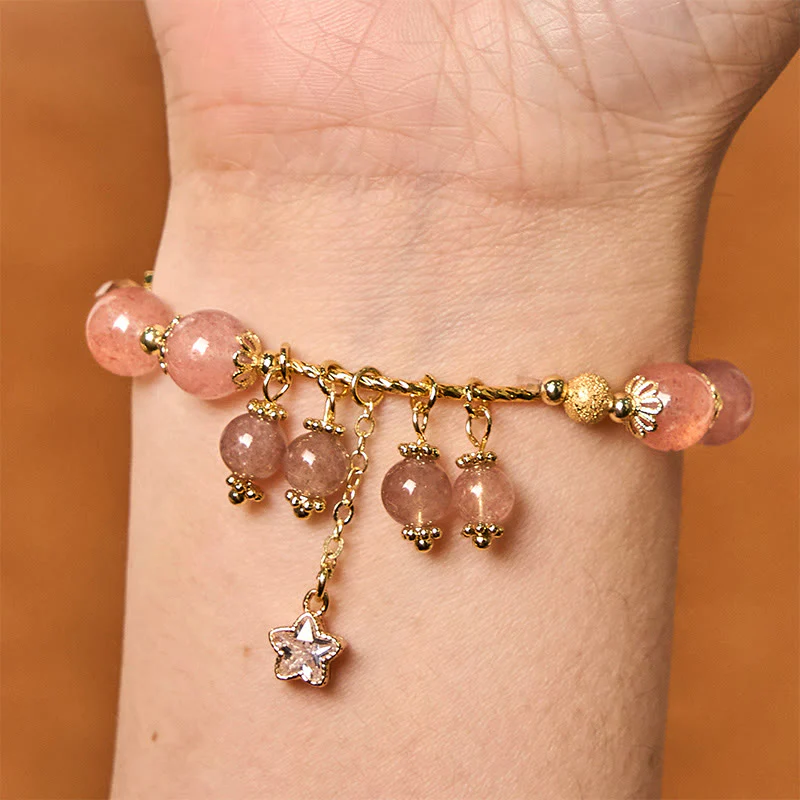 Buddha Stones Natural Strawberry Quartz Four Leaf Clover Star Positive Bracelet