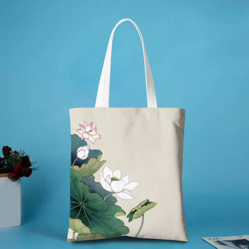 Buddha Stones Ink Painting Large Capacity Canvas Koi Fish Lotus Zipper Shopping Shoulder Bag