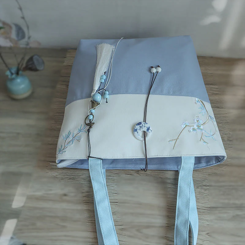 Buddha Stones Pear Flower Plum Peach Blossom Bamboo Embroidery Canvas Large Capacity Shoulder Bag Tote Bag