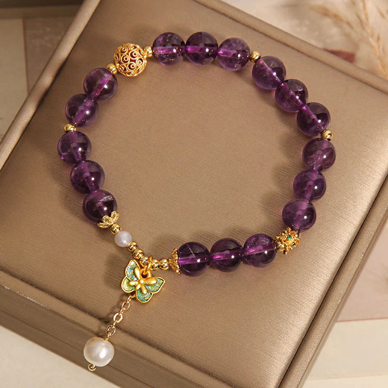 Buddha Stones Natural Amethyst Amber Green Butterfly Healing Bracelet