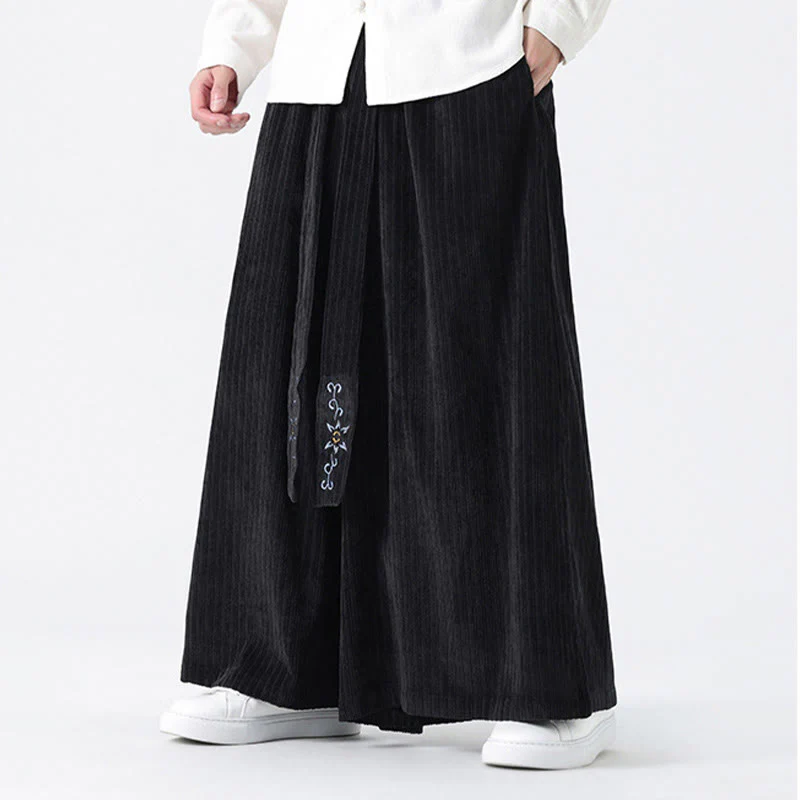 Buddha Stones Casual Embroidery Drawstring Design Men's Corduroy Wide Leg Pants With Pockets