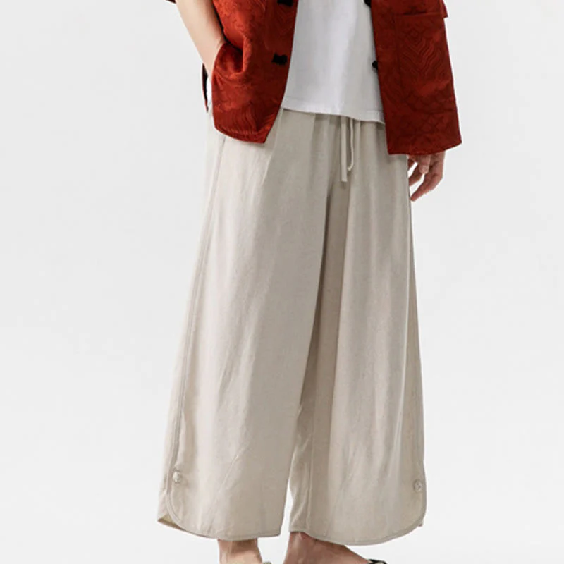 Buddha Stones Casual Loose Frog-Button Plain Men's Cotton Linen 7-8 Length Pants With Pockets